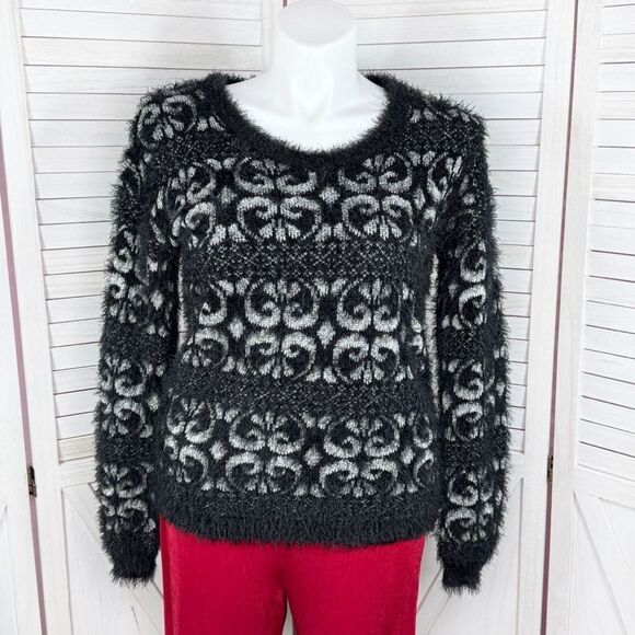 Celsius Premium Scroll Print Fuzzy Eyelash Knit Sweater Black XL - Picture 1 of 13